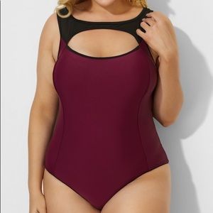 Burgundy Sporty Mesh With Cutouts One Piece Swimsuit